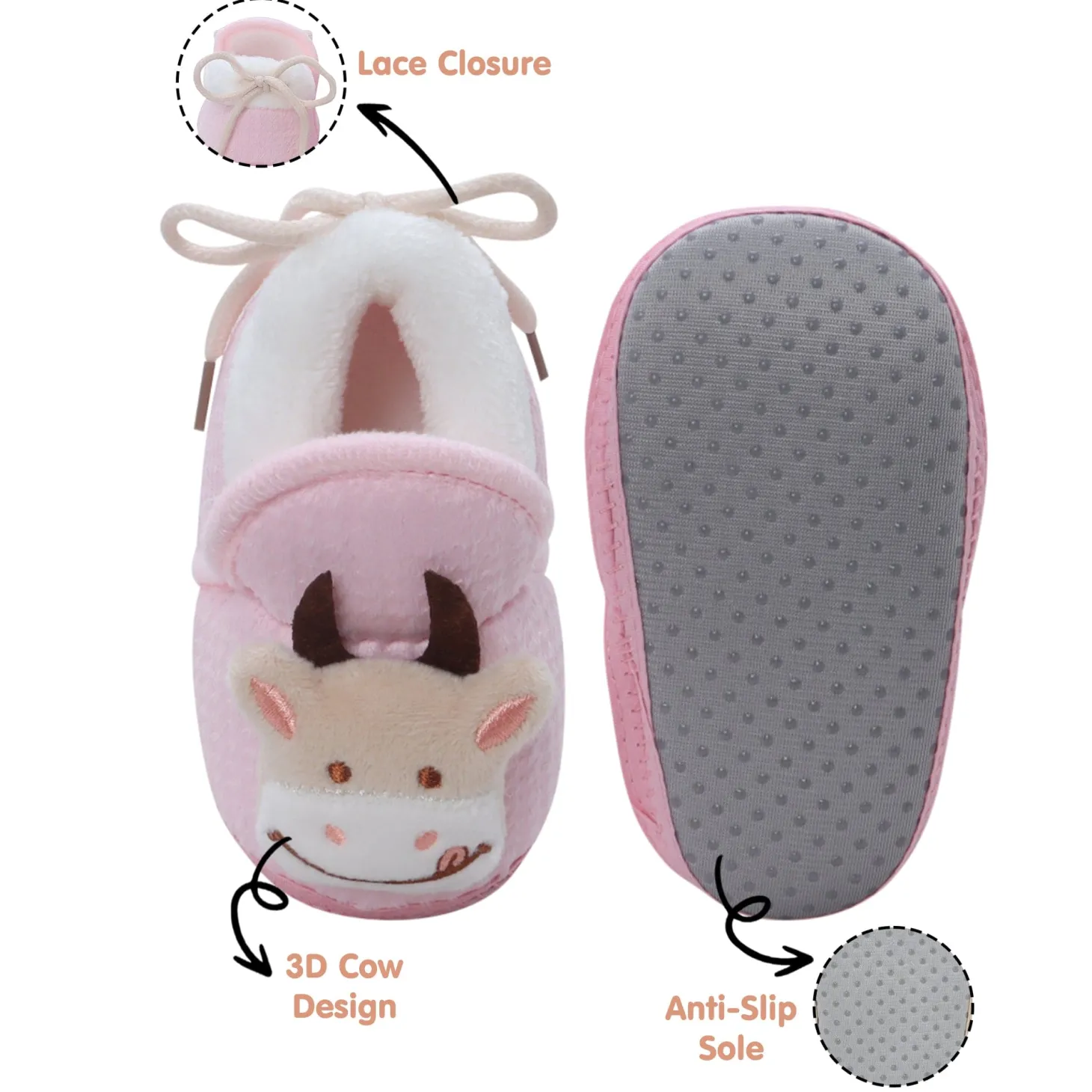 Baby Moo 3D Cow Soft Slip-On Anti-Skid Plush Warm Booties - Pink
