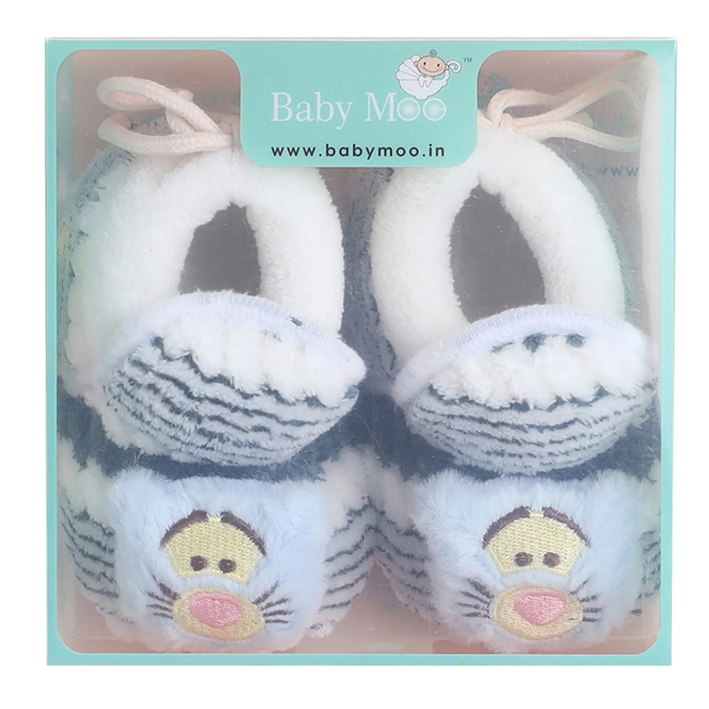 Baby Moo 3D Cub Striped Soft Slip-On Anti-Skid Plush Warm Booties - Blue