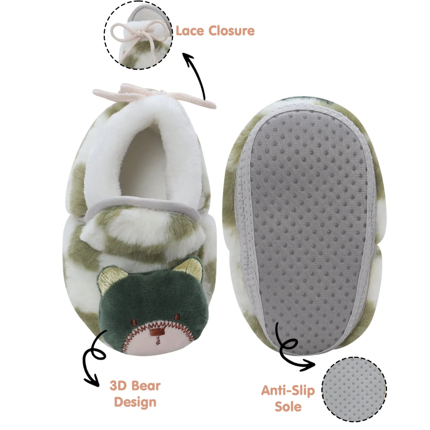 Baby Moo 3D Dear Bear Soft Slip-On Anti-Skid Plush Warm Booties - Green