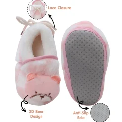 Baby Moo 3D Dear Bear Soft Slip-On Anti-Skid Plush Warm Booties - Pink