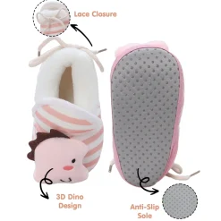 Baby Moo 3D Dino Striped Soft Slip-On Anti-Skid Plush Warm Booties - Peach