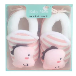 Baby Moo 3D Dino Striped Soft Slip-On Anti-Skid Plush Warm Booties - Peach