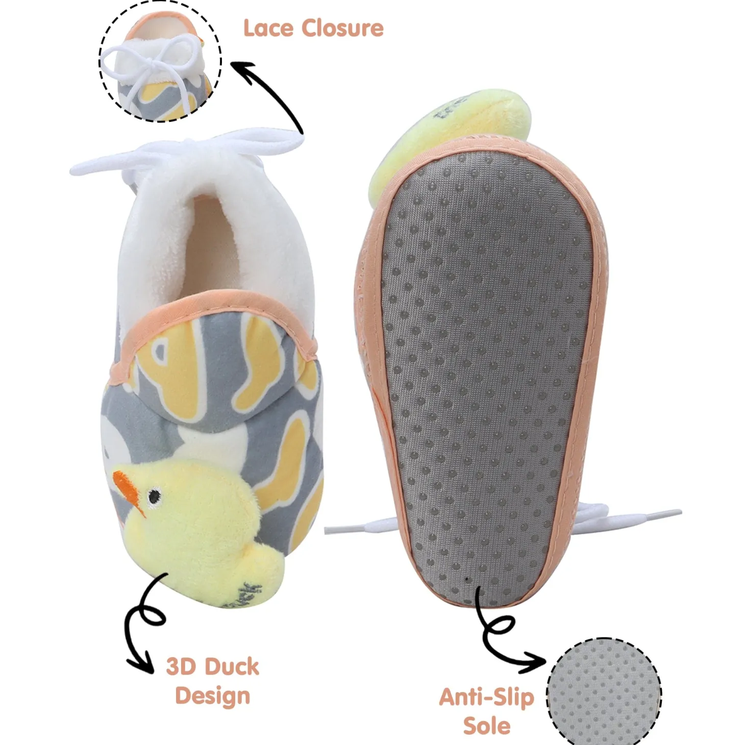 Baby Moo 3D Ducky Duck Soft Slip-On Anti-Skid Plush Warm Booties - Yellow