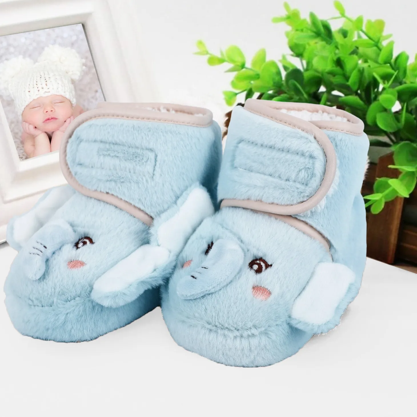 Baby Moo 3D Elephant Cozy Soft Velcro Furry Booties - Sky Blue
