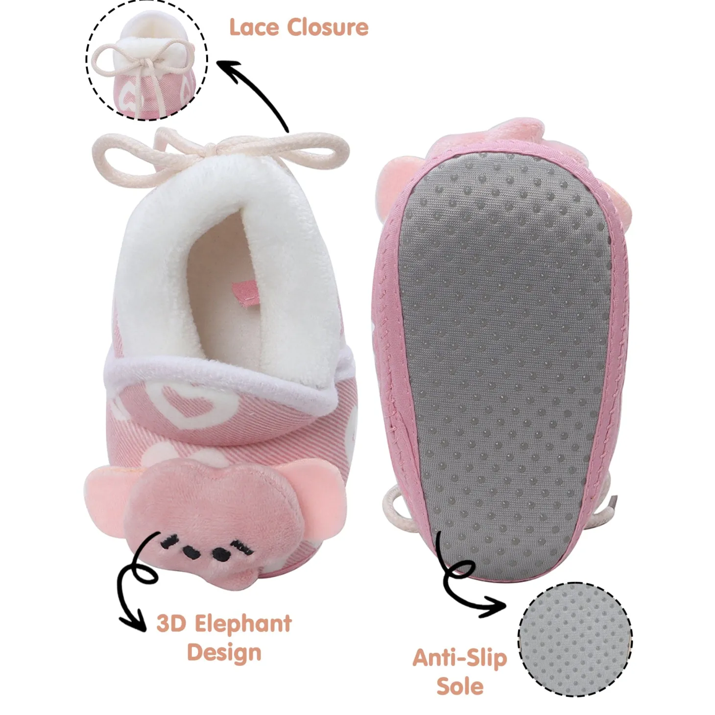 Baby Moo 3D Elephant Soft Slip-On Anti-Skid Plush Warm Booties - Pink