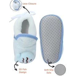 Baby Moo 3D Fish Soft Slip-On Anti-Skid Plush Warm Booties - Blue