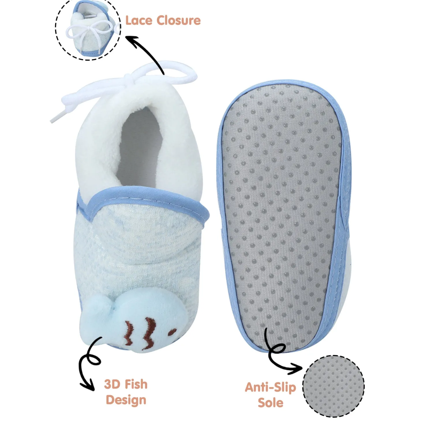 Baby Moo 3D Fish Soft Slip-On Anti-Skid Plush Warm Booties - Blue