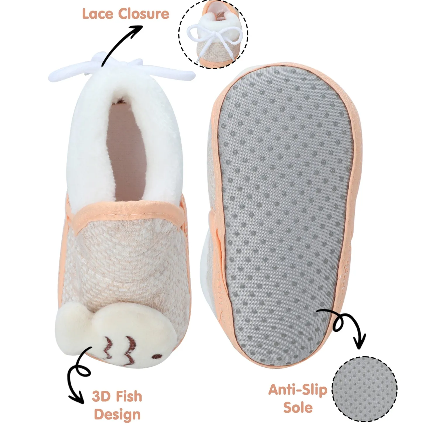 Baby Moo 3D Fish Soft Slip-On Anti-Skid Plush Warm Booties - Beige
