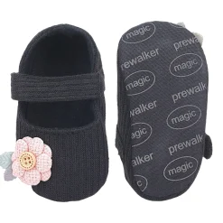 Baby Moo 3D Flower Button Velcro Strap Anti-Skid Ballerina Booties - Black