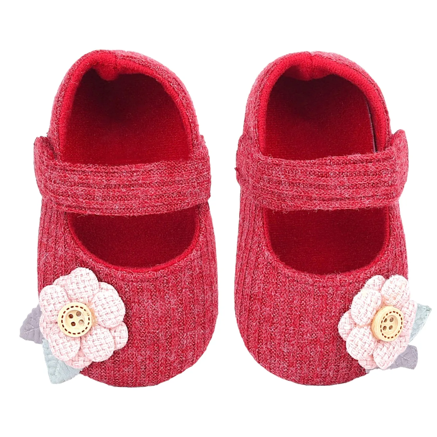 Baby Moo 3D Flower Button Velcro Strap Anti-Skid Ballerina Booties - Maroon