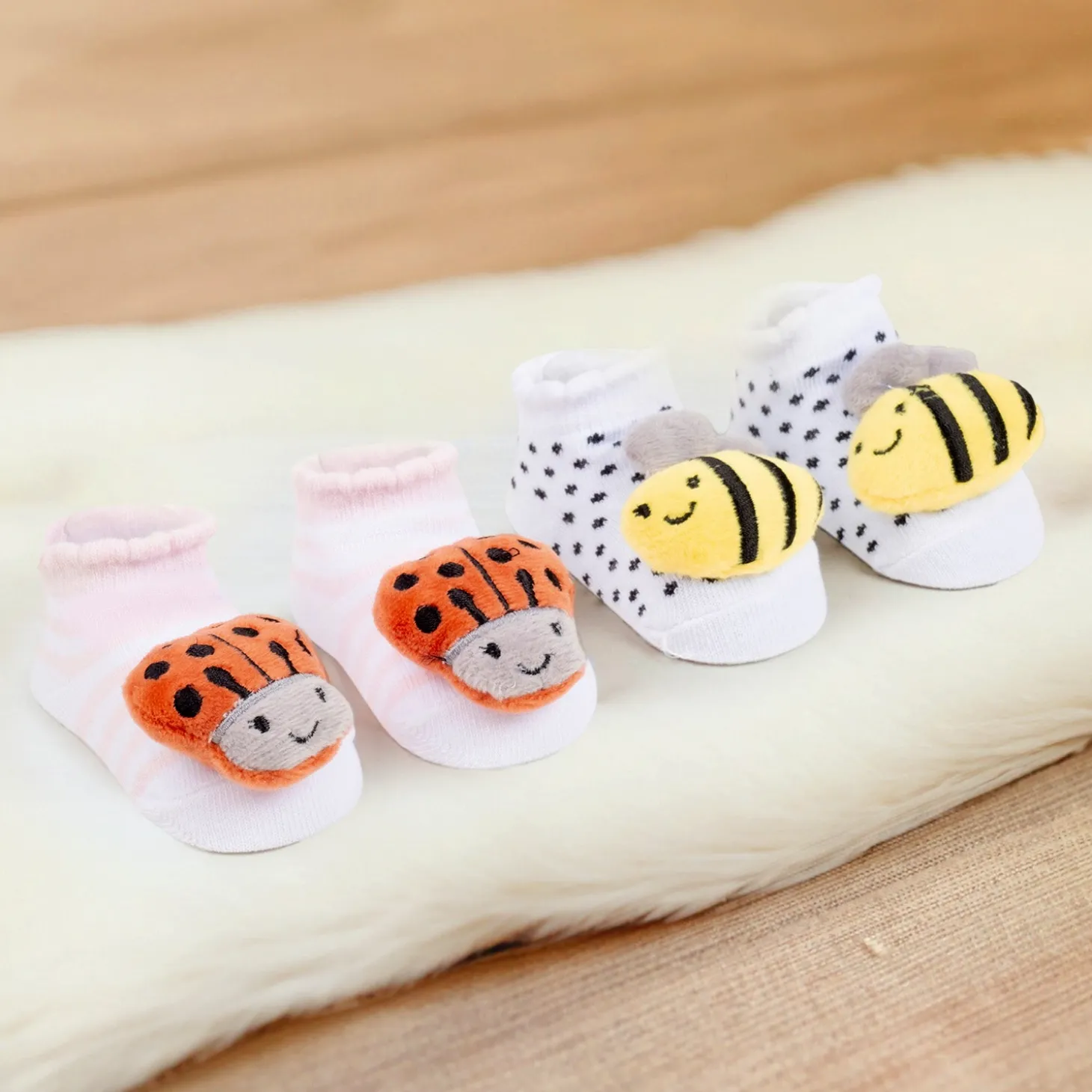 Baby Moo 3D Honey Bee Cotton Ankle Length Fancy Infant Gift Set of 2 Socks Booties - Pink, White