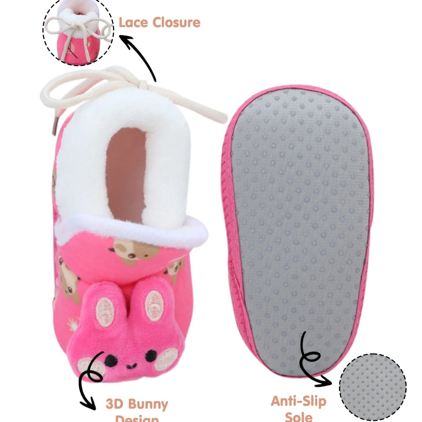 Baby Moo 3D Hunny Bunny Soft Slip-On Anti-Skid Plush Warm Booties - Pink