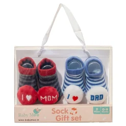Baby Moo 3D I Love Mom Dad Cotton Ankle Length Fancy Infant Gift Set of 2 Socks Booties - Blue, Red