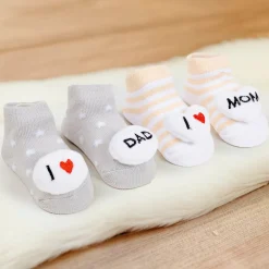 Baby Moo 3D I Love Mommy Daddy Cotton Ankle Length Fancy Infant Gift Set of 2 Socks Booties - Yellow, Grey