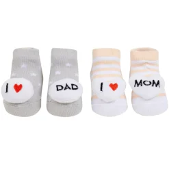 Baby Moo 3D I Love Mommy Daddy Cotton Ankle Length Fancy Infant Gift Set of 2 Socks Booties - Yellow, Grey