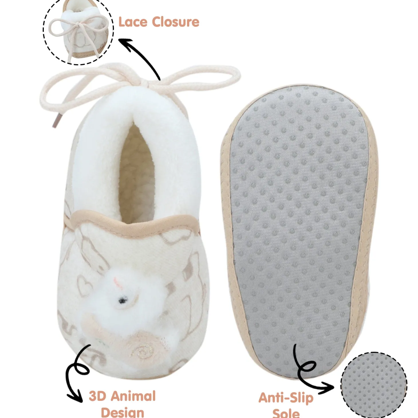 Baby Moo 3D Llama Elephant Prints Soft Slip-On Anti-Skid Plush Warm Booties - Beige