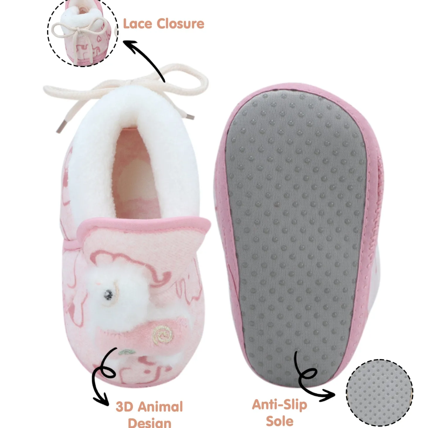 Baby Moo 3D Llama Elephant Prints Soft Slip-On Anti-Skid Plush Warm Booties - Pink