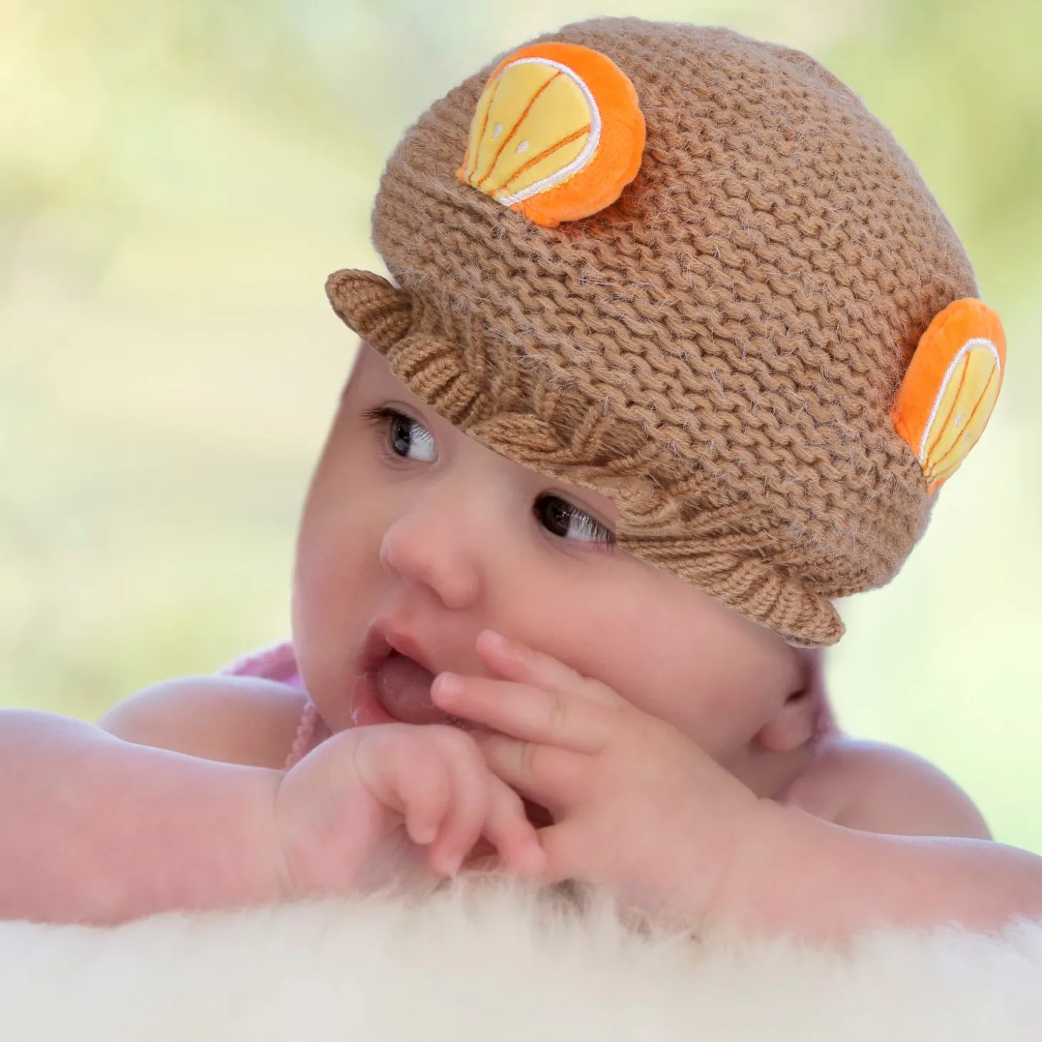 Baby Moo 3D Orange Ear With Tie Knot For Ear Cover Knitted Woolen Cap - Brown
