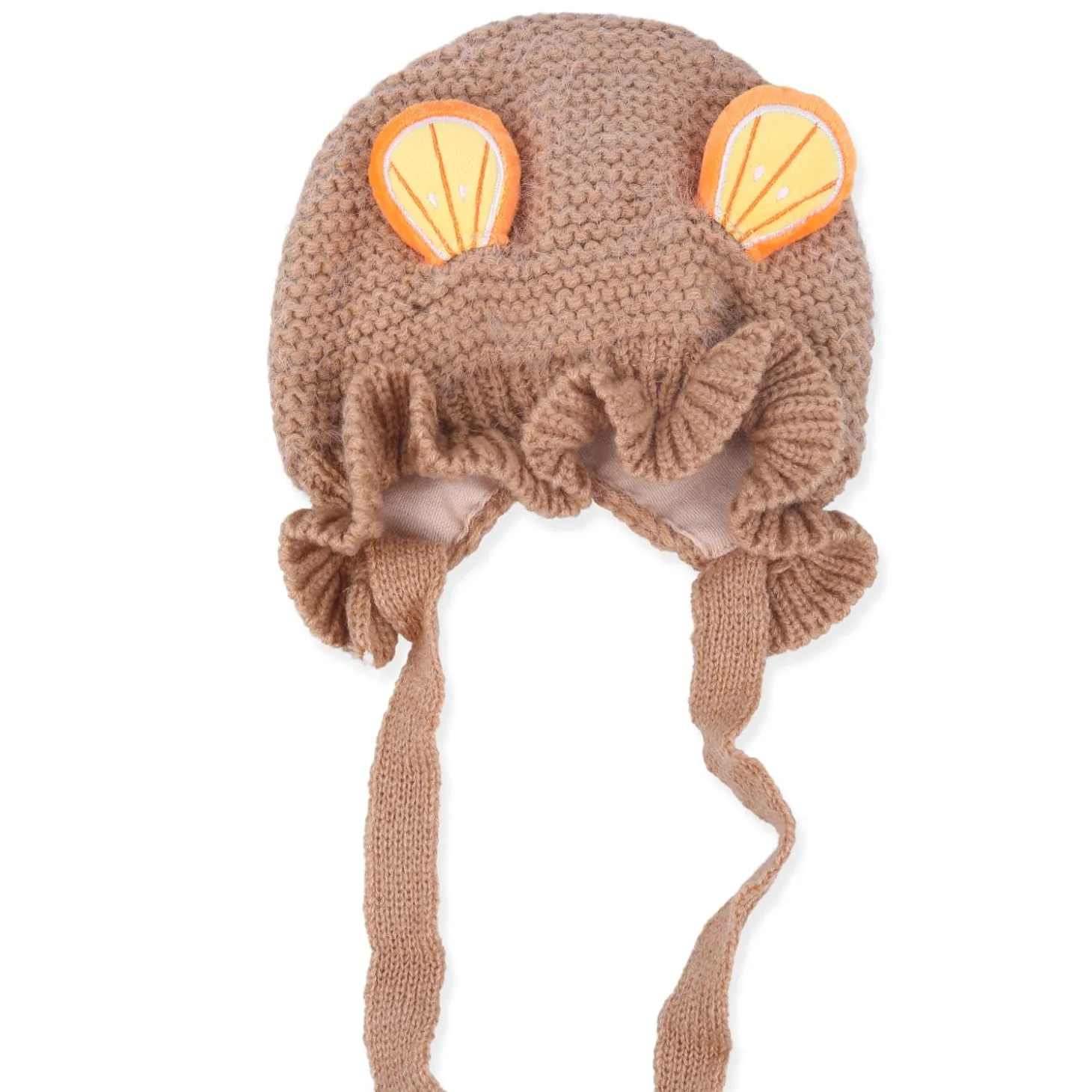 Baby Moo 3D Orange Ear With Tie Knot For Ear Cover Knitted Woolen Cap - Brown