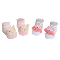 Baby Moo 3D Owl And Teddy Cotton Ankle Length Fancy Infant Gift Set of 2 Socks Booties - Grey, Pink