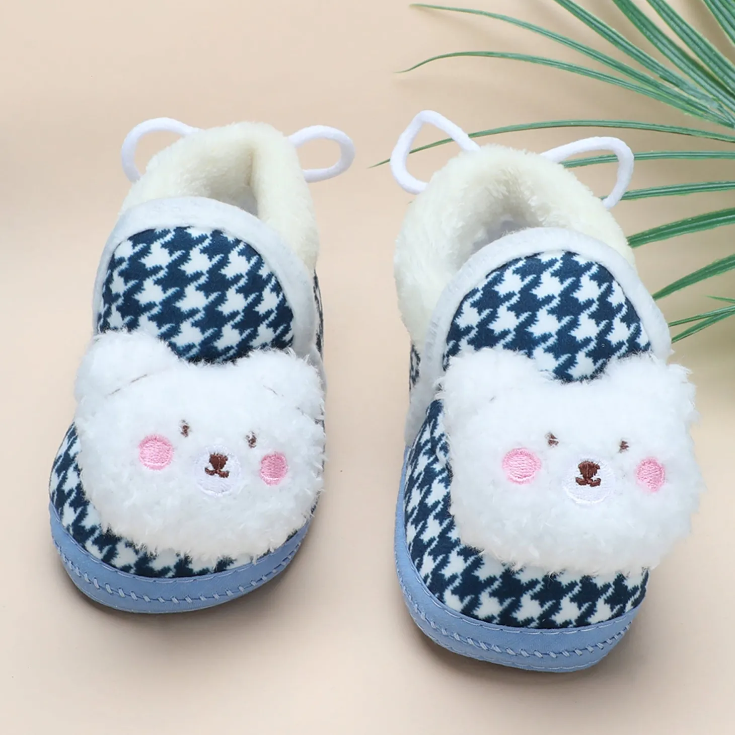 Baby Moo 3D Poodle Dog Houndstooth Soft Slip-On Anti-Skid Plush Warm Booties - Blue