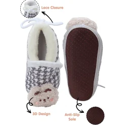 Baby Moo 3D Poodle Dog Houndstooth Soft Slip-On Anti-Skid Plush Warm Booties - Grey