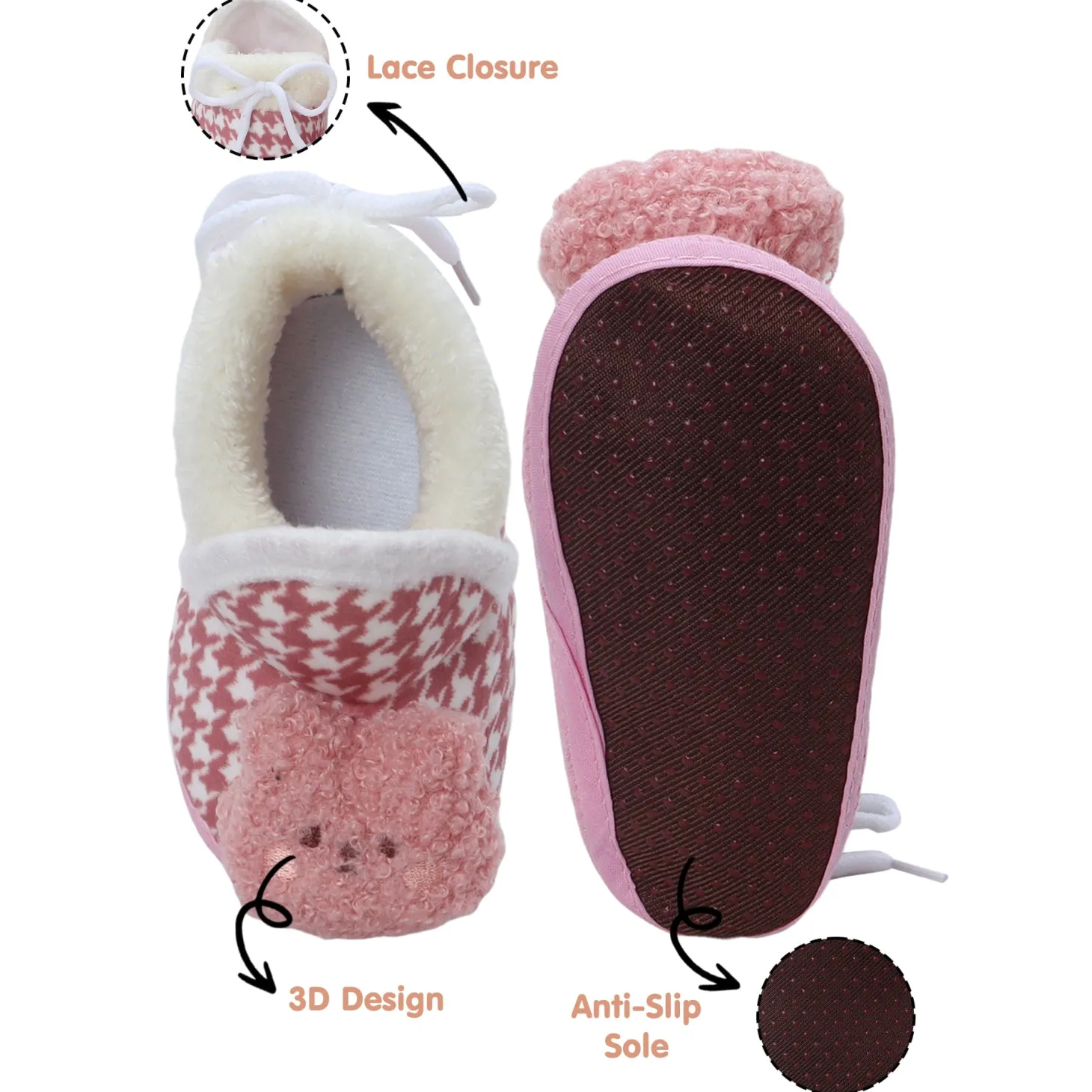 Baby Moo 3D Poodle Dog Houndstooth Soft Slip-On Anti-Skid Plush Warm Booties - Brown