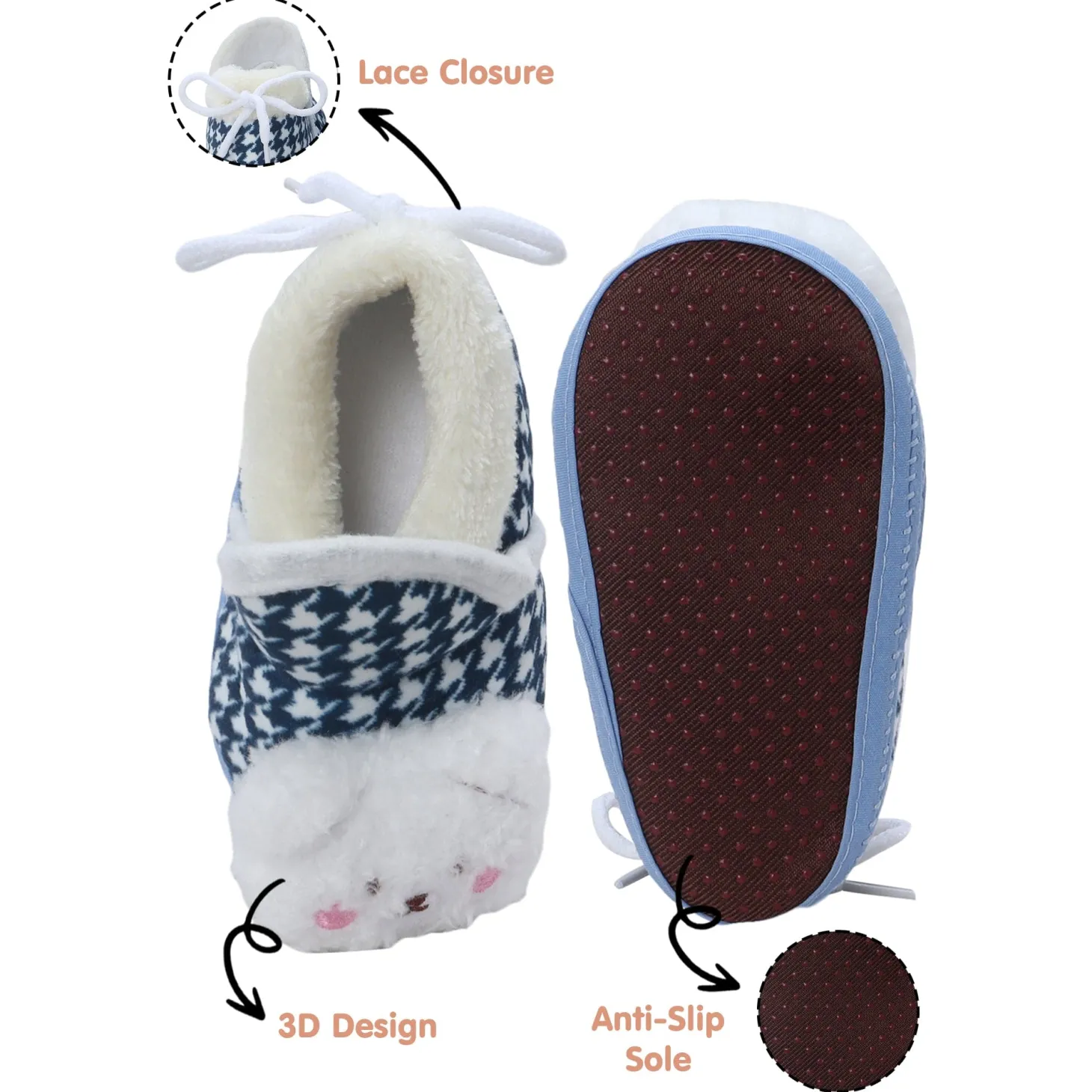 Baby Moo 3D Poodle Dog Houndstooth Soft Slip-On Anti-Skid Plush Warm Booties - Blue