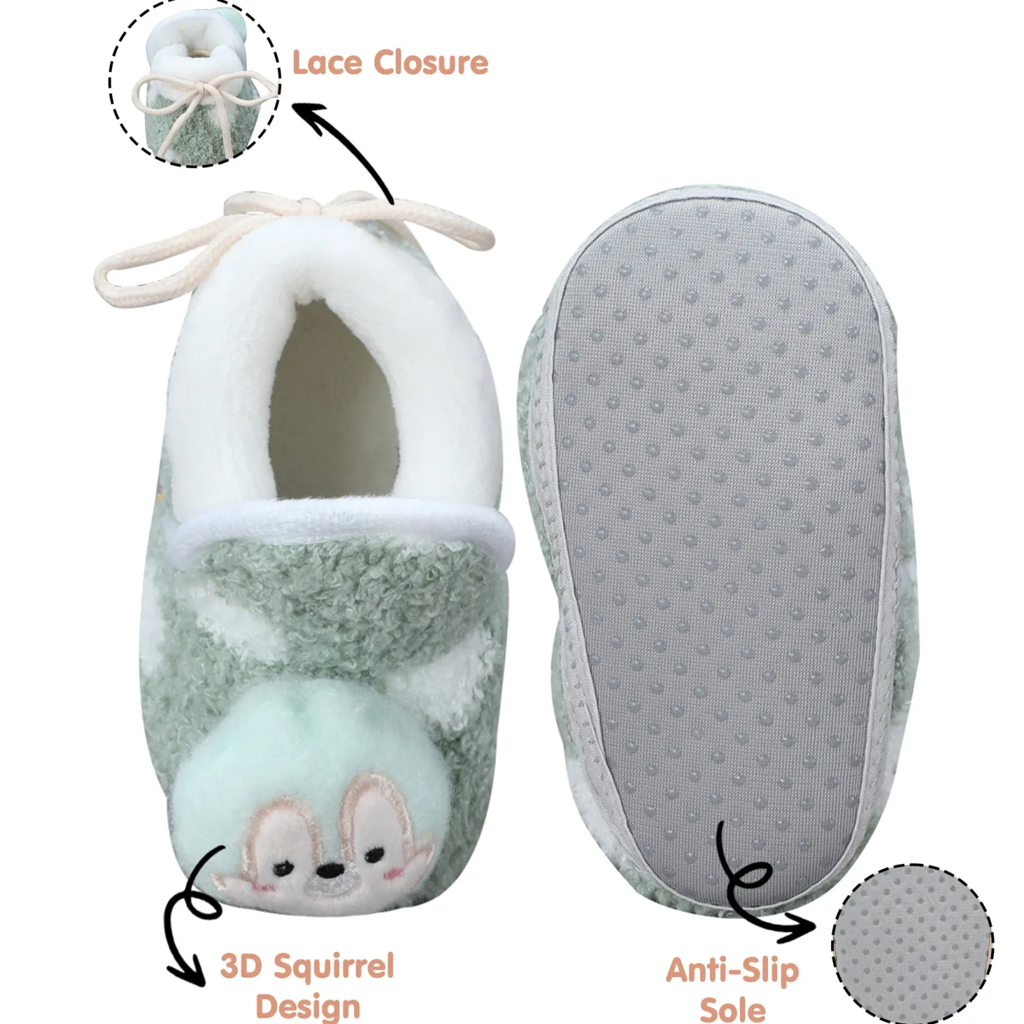 Baby Moo 3D Squirrel Soft Slip-On Anti-Skid Plush Warm Booties - Green