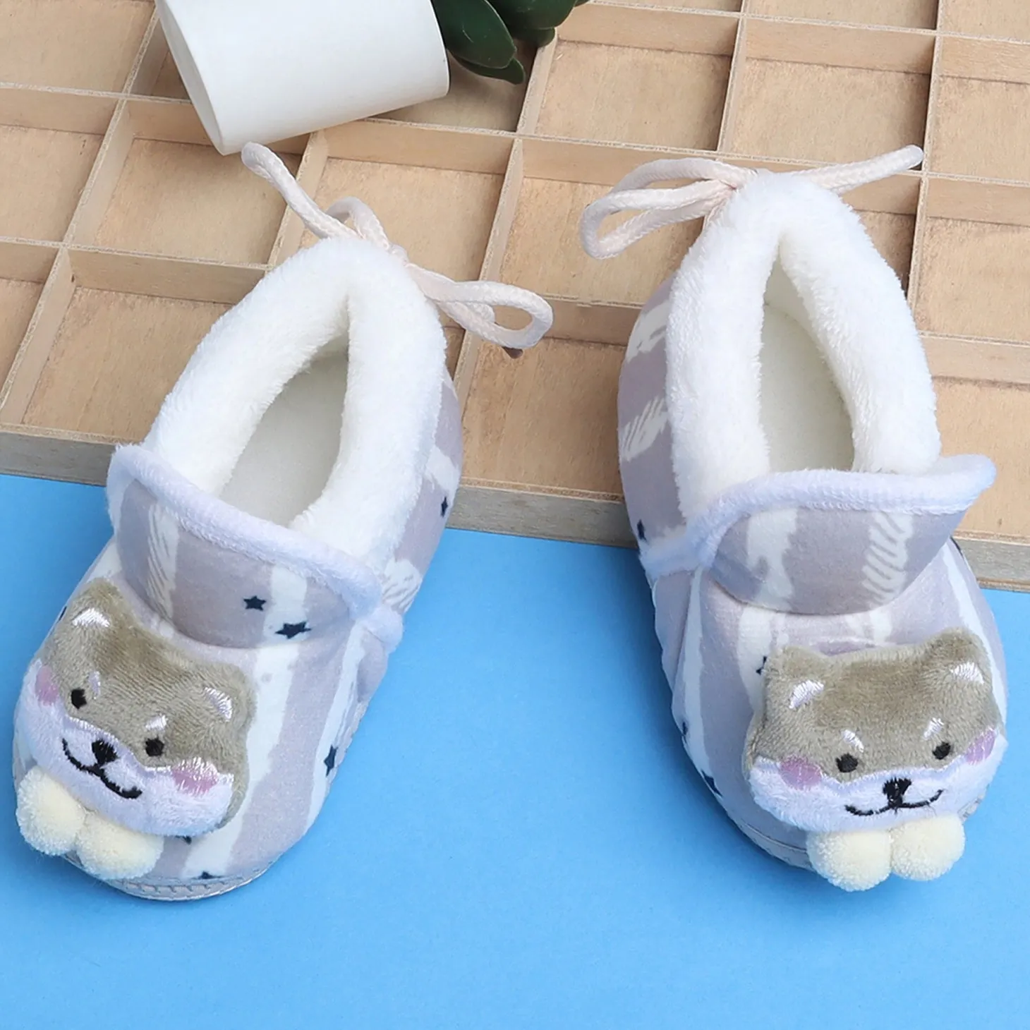 Baby Moo 3D Teddy Broad Stripes Soft Slip-On Anti-Skid Plush Warm Booties - Grey
