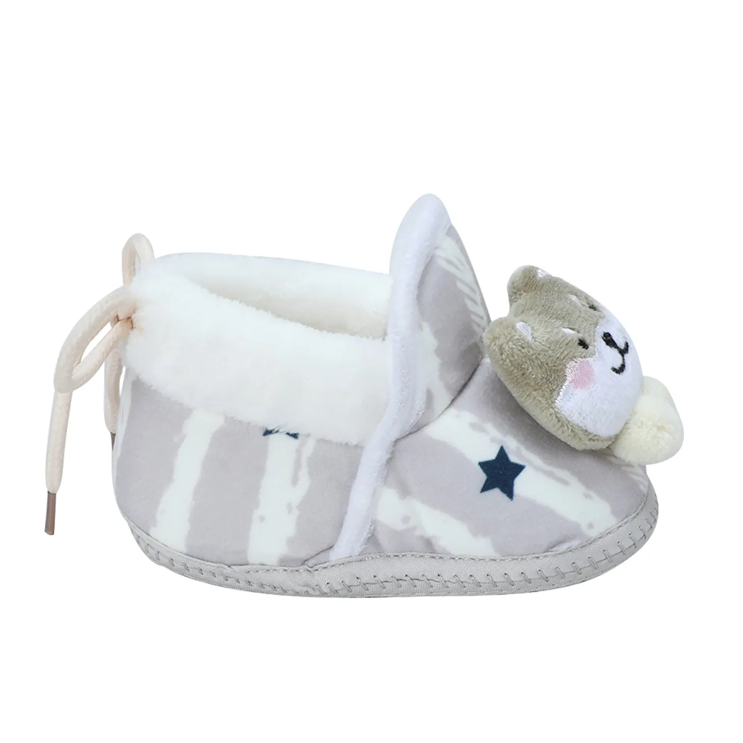 Baby Moo 3D Teddy Broad Stripes Soft Slip-On Anti-Skid Plush Warm Booties - Grey