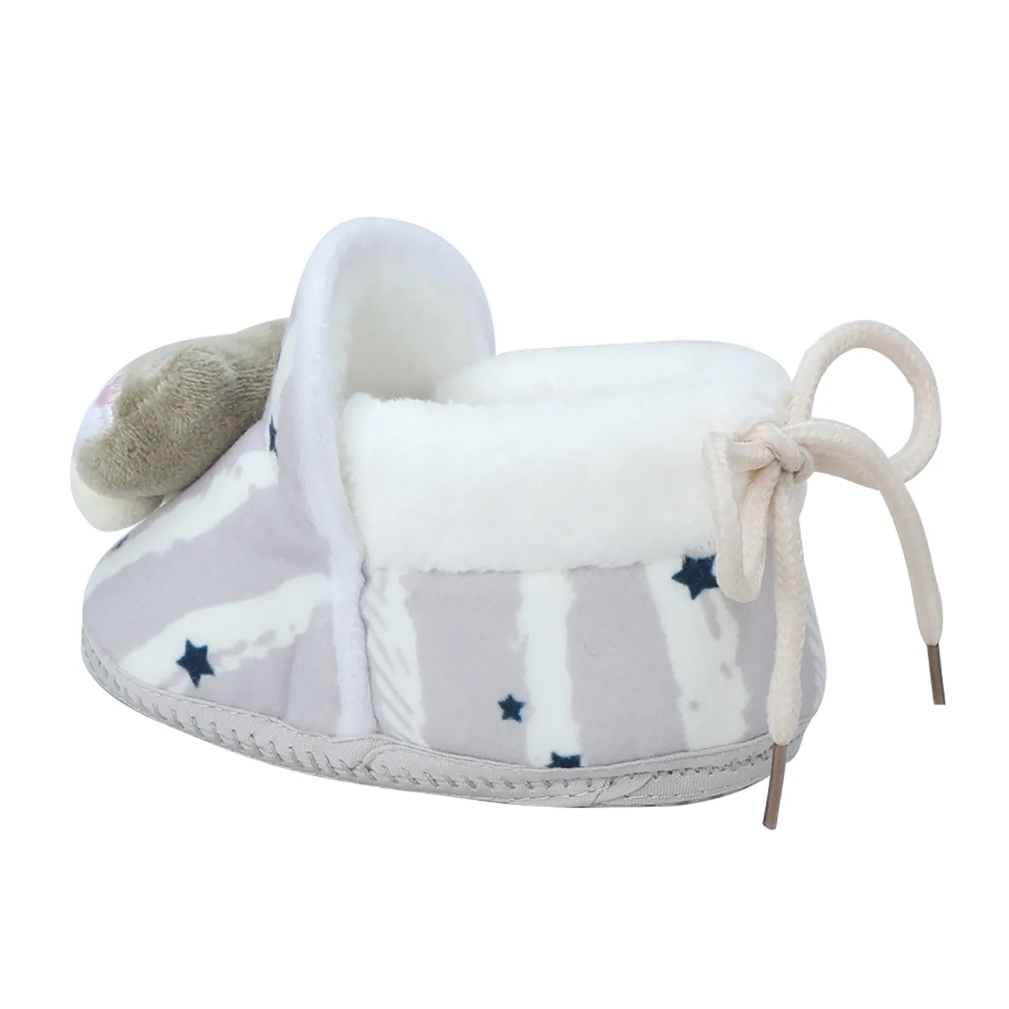 Baby Moo 3D Teddy Broad Stripes Soft Slip-On Anti-Skid Plush Warm Booties - Grey