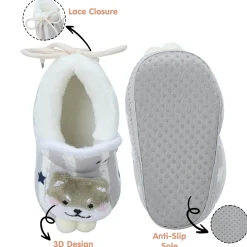 Baby Moo 3D Teddy Broad Stripes Soft Slip-On Anti-Skid Plush Warm Booties - Grey