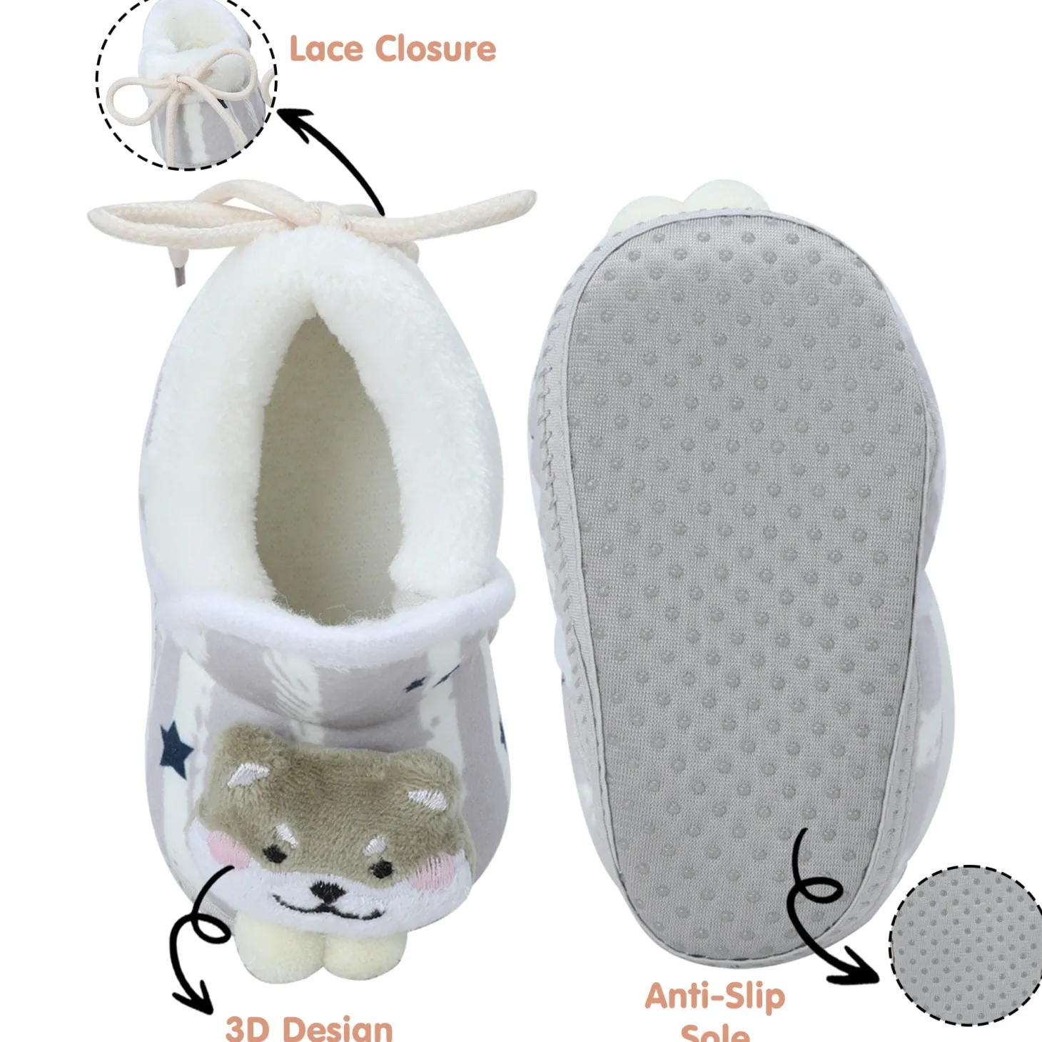 Baby Moo 3D Teddy Broad Stripes Soft Slip-On Anti-Skid Plush Warm Booties - Grey