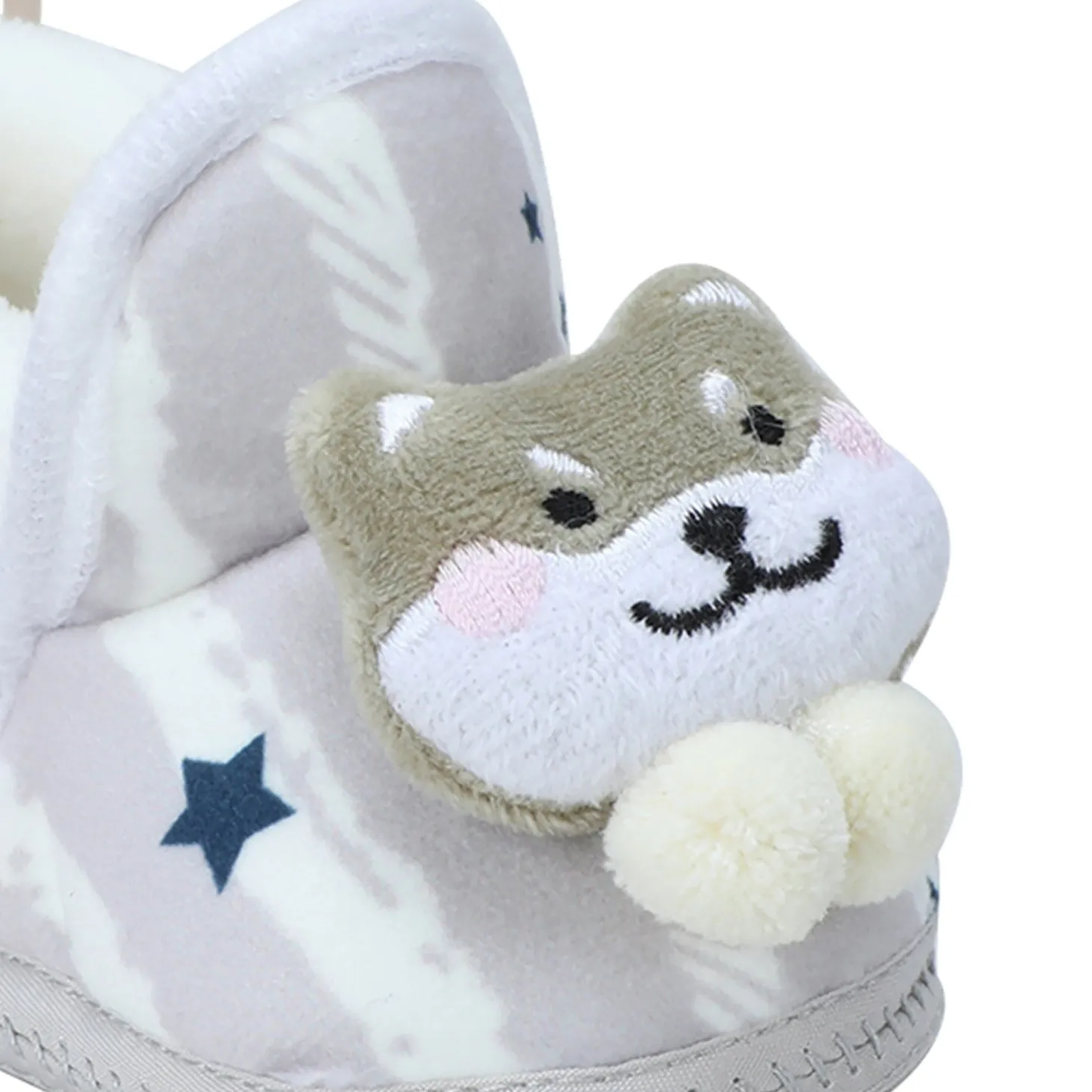Baby Moo 3D Teddy Broad Stripes Soft Slip-On Anti-Skid Plush Warm Booties - Grey