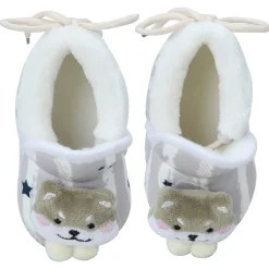 Baby Moo 3D Teddy Broad Stripes Soft Slip-On Anti-Skid Plush Warm Booties - Grey