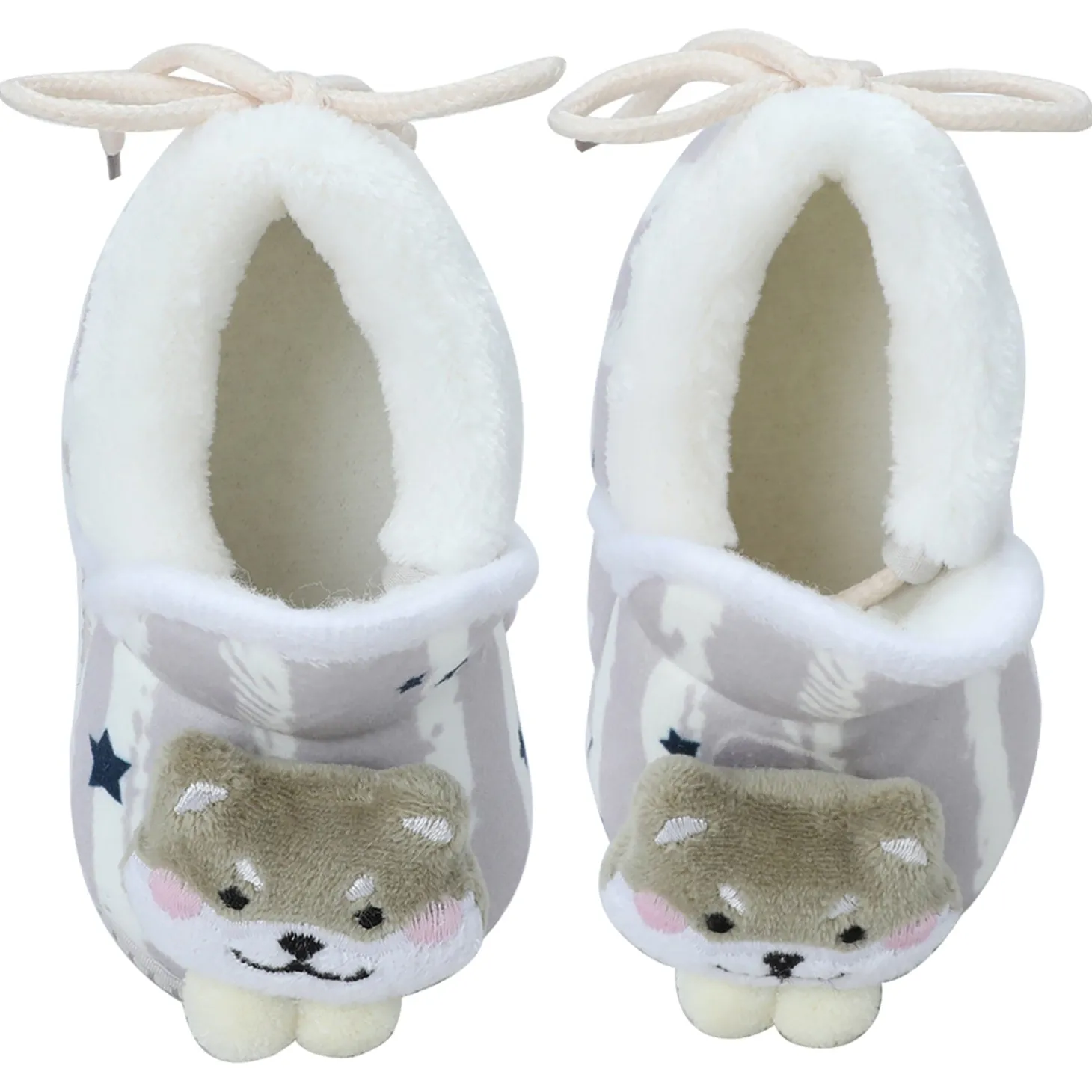 Baby Moo 3D Teddy Broad Stripes Soft Slip-On Anti-Skid Plush Warm Booties - Grey