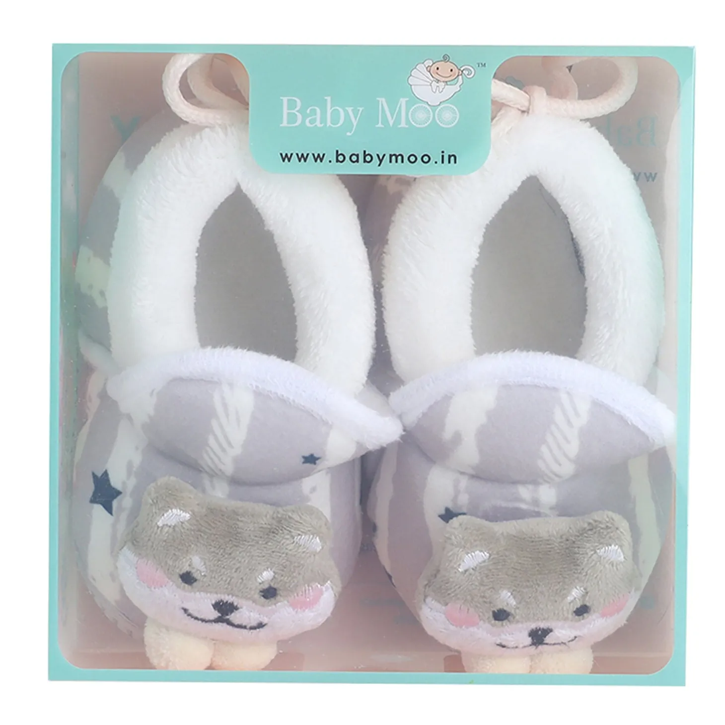 Baby Moo 3D Teddy Broad Stripes Soft Slip-On Anti-Skid Plush Warm Booties - Grey