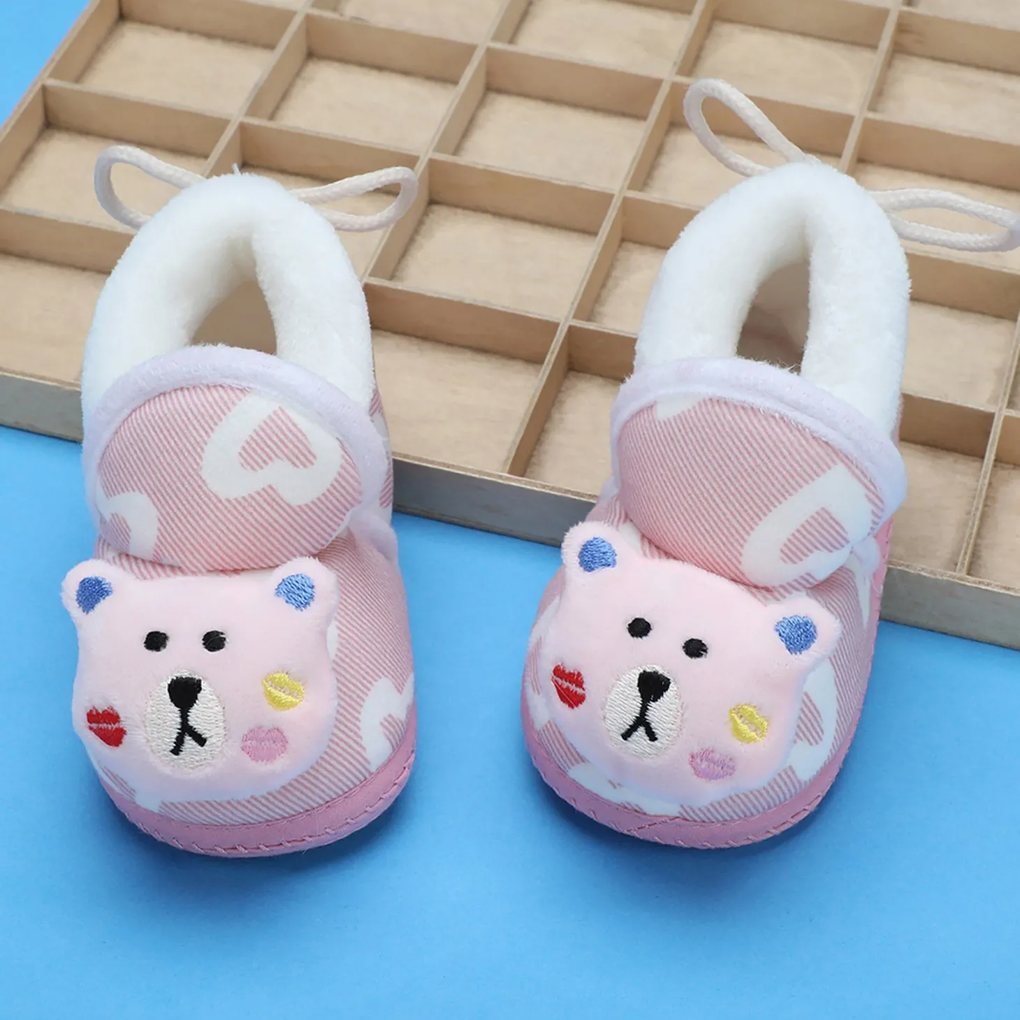 Baby Moo 3D Teddy Buddy Soft Slip-On Anti-Skid Plush Warm Booties - Pink