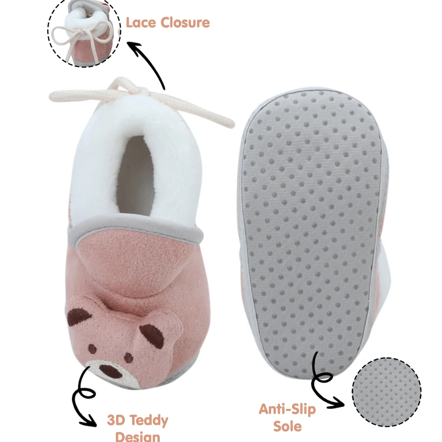 Baby Moo 3D Teddy Soft Slip-On Anti-Skid Plush Warm Booties - Mauve