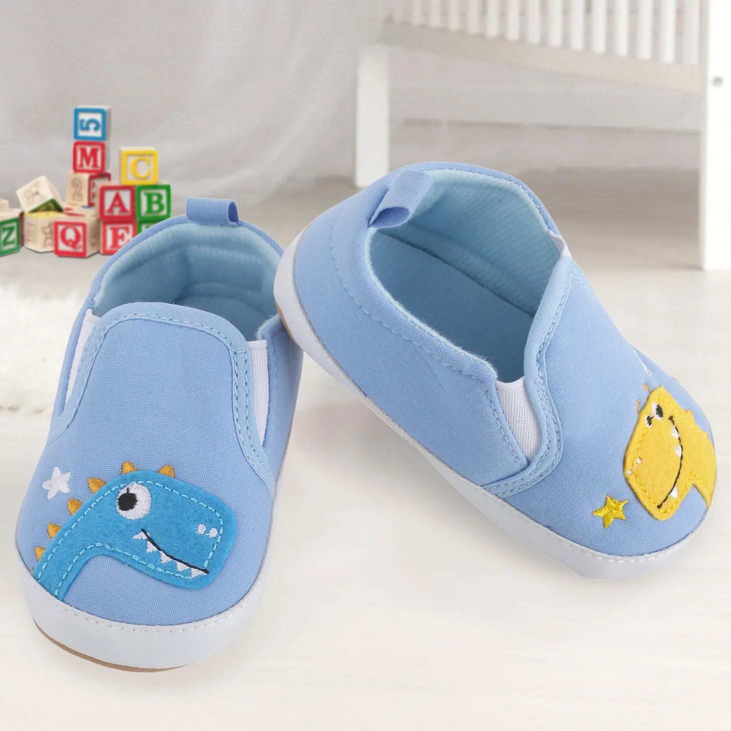 Baby Moo Dinosaur Blue Slip-On Booties