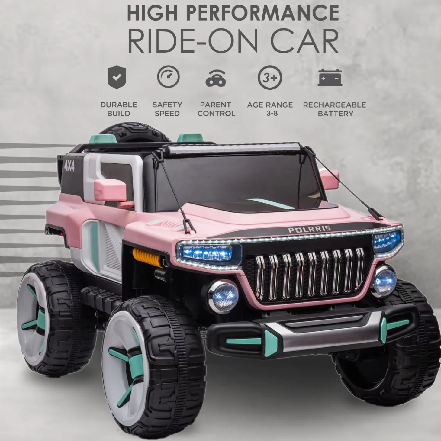 Baby Moo Electric Ride-on Jeep for Kids With Rechargeable 12V Battery, LED Lights, Music and USB Port Remote Control Double Seat - Pink