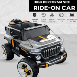 Baby Moo Electric Ride-on Jeep for Kids With Rechargeable 12V Battery, LED Lights, Music and USB Port Remote Control Double Seat - Grey