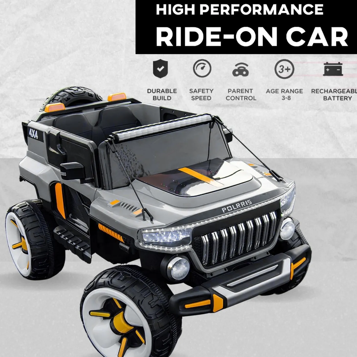 Baby Moo Electric Ride-on Jeep for Kids With Rechargeable 12V Battery, LED Lights, Music and USB Port Remote Control Double Seat - Grey