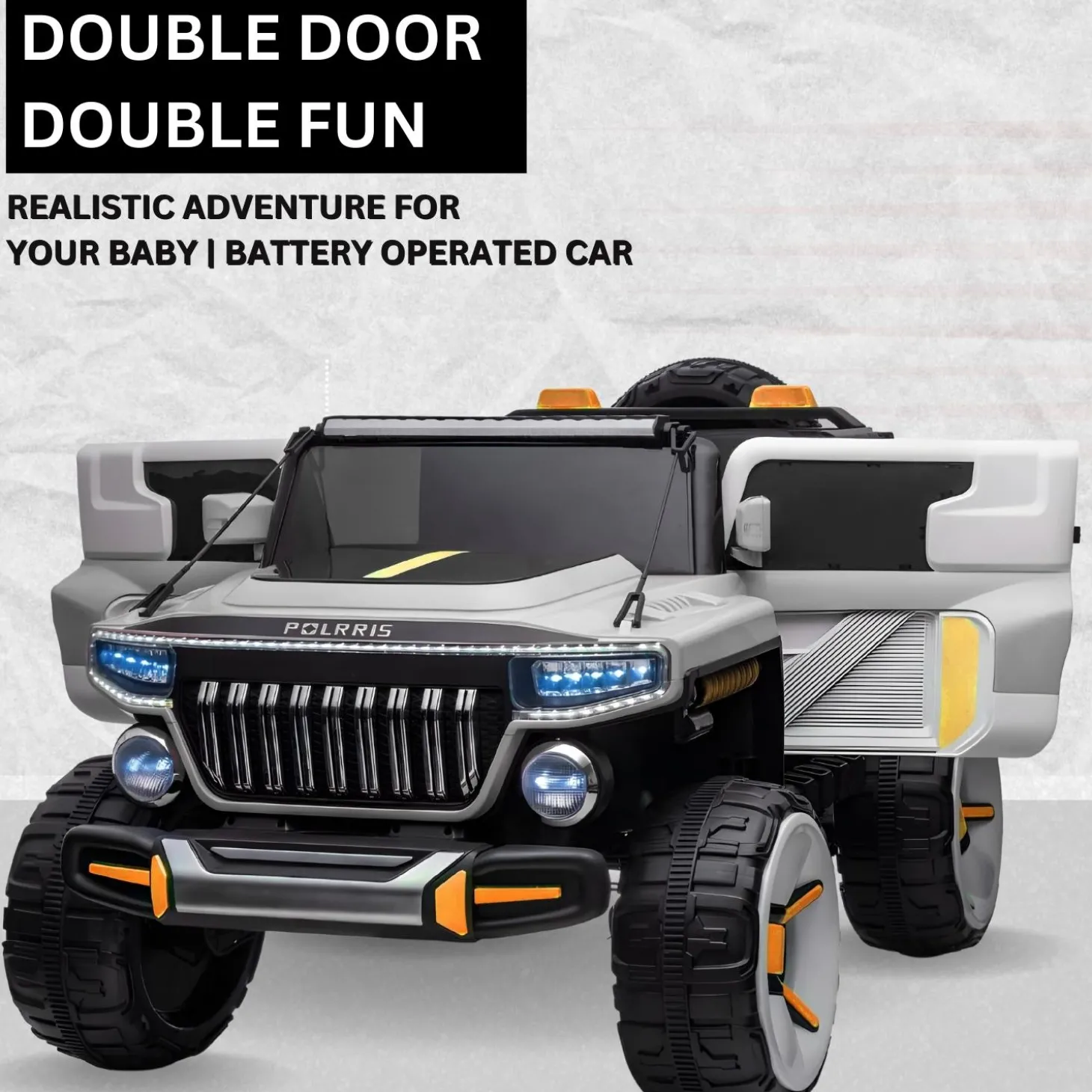Baby Moo Electric Ride-on Jeep for Kids With Rechargeable 12V Battery, LED Lights, Music and USB Port Remote Control Double Seat - Grey