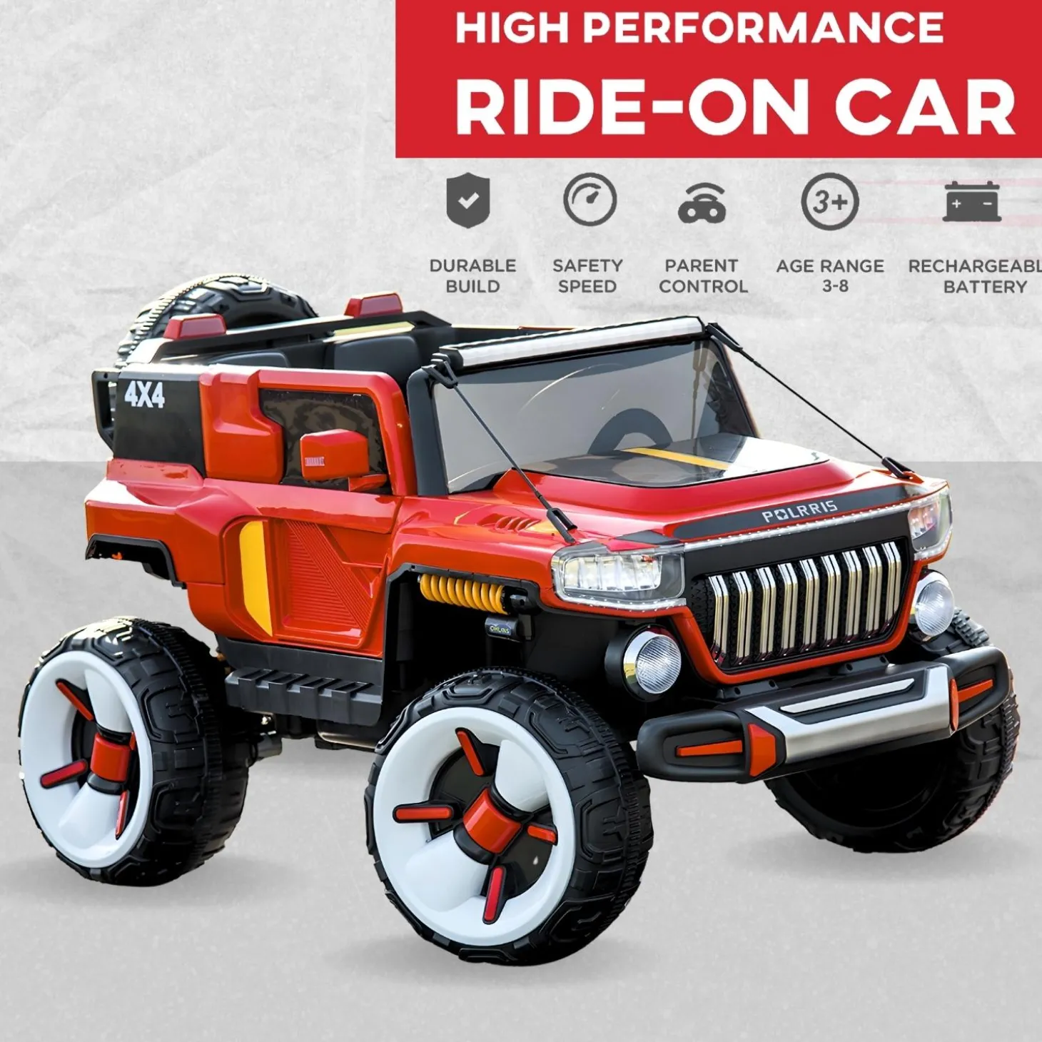 Baby Moo Electric Ride-on Jeep for Kids With Rechargeable 12V Battery, LED Lights, Music and USB Port Remote Control Double Seat - Red