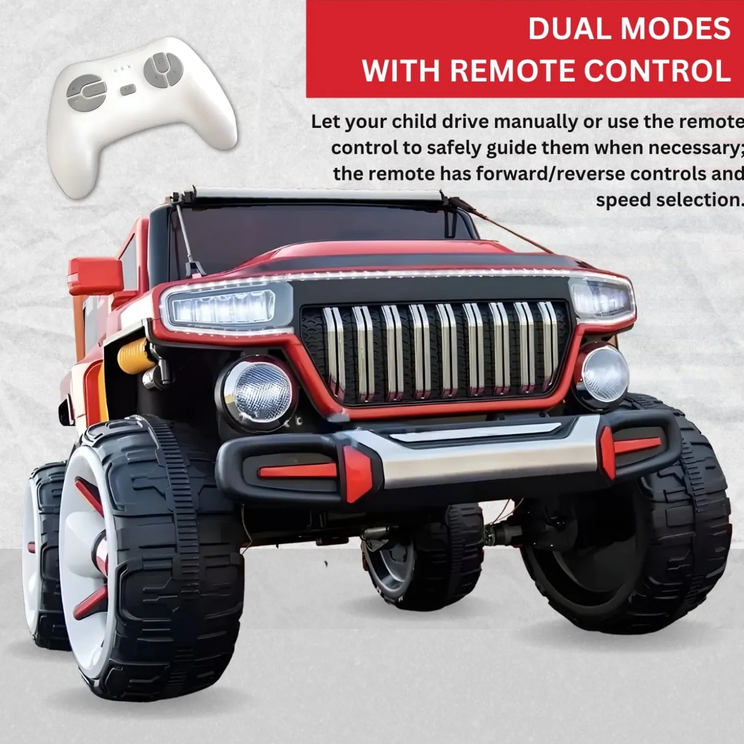 Baby Moo Electric Ride-on Jeep for Kids With Rechargeable 12V Battery, LED Lights, Music and USB Port Remote Control Double Seat - Red