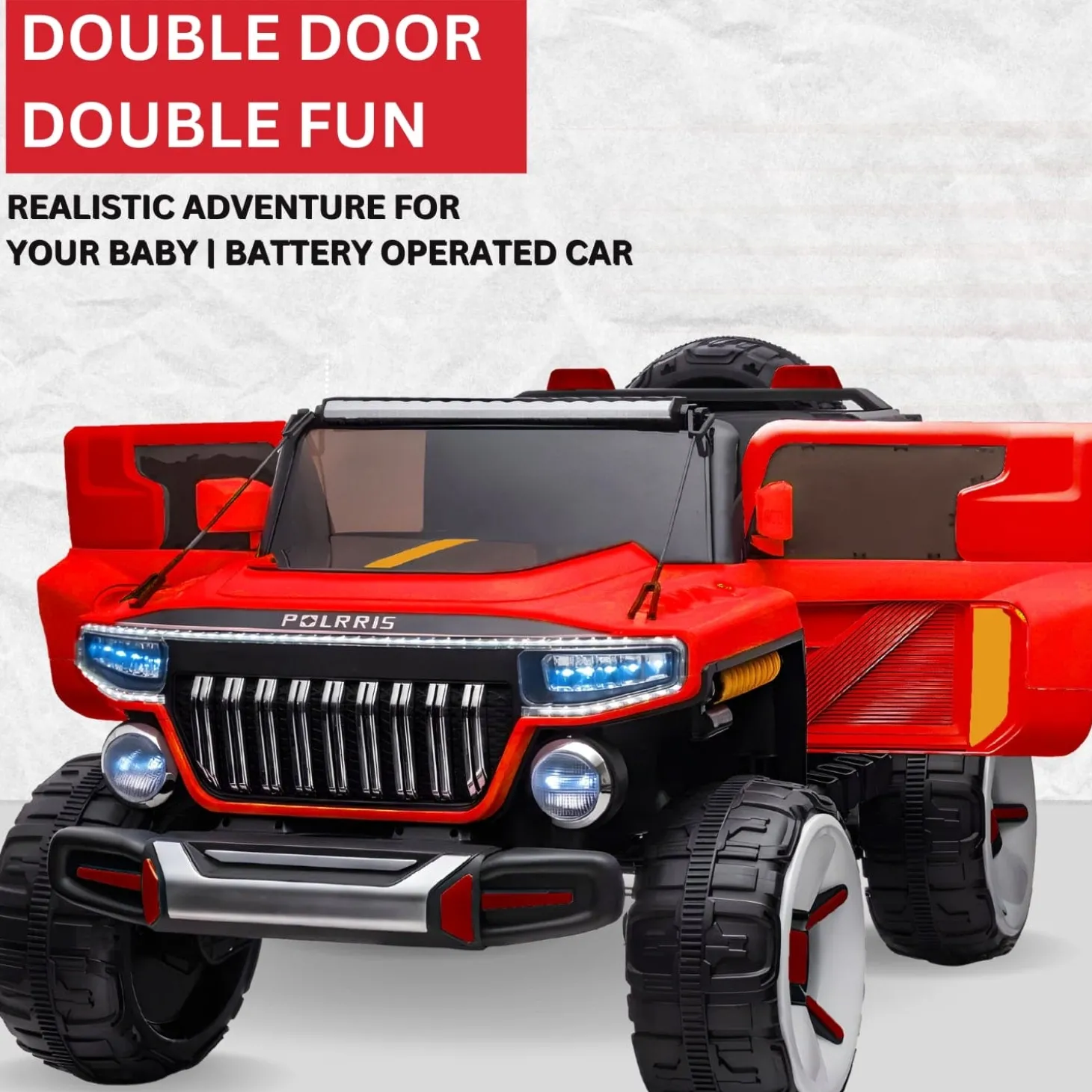 Baby Moo Electric Ride-on Jeep for Kids With Rechargeable 12V Battery, LED Lights, Music and USB Port Remote Control Double Seat - Red