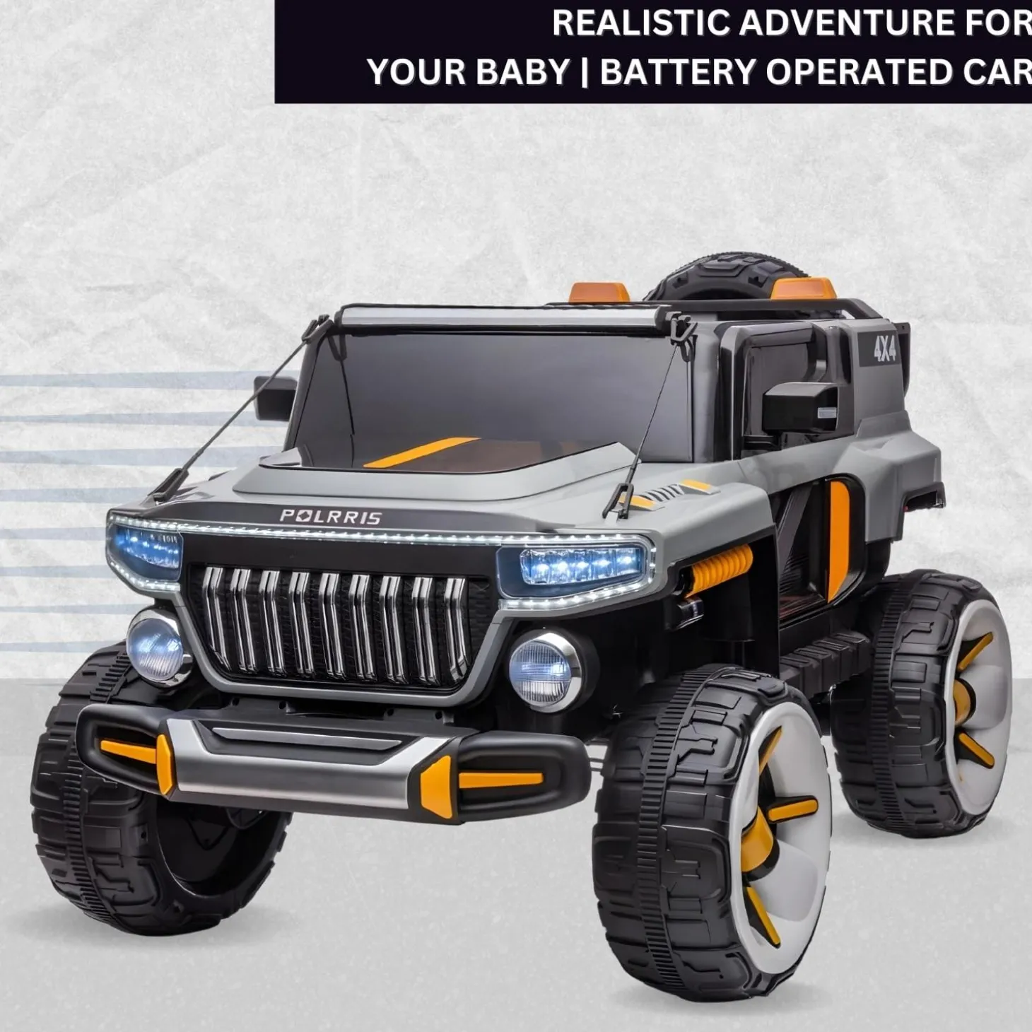 Baby Moo Electric Ride-on Jeep for Kids With Rechargeable 12V Battery, LED Lights, Music and USB Port Remote Control Double Seat - Grey