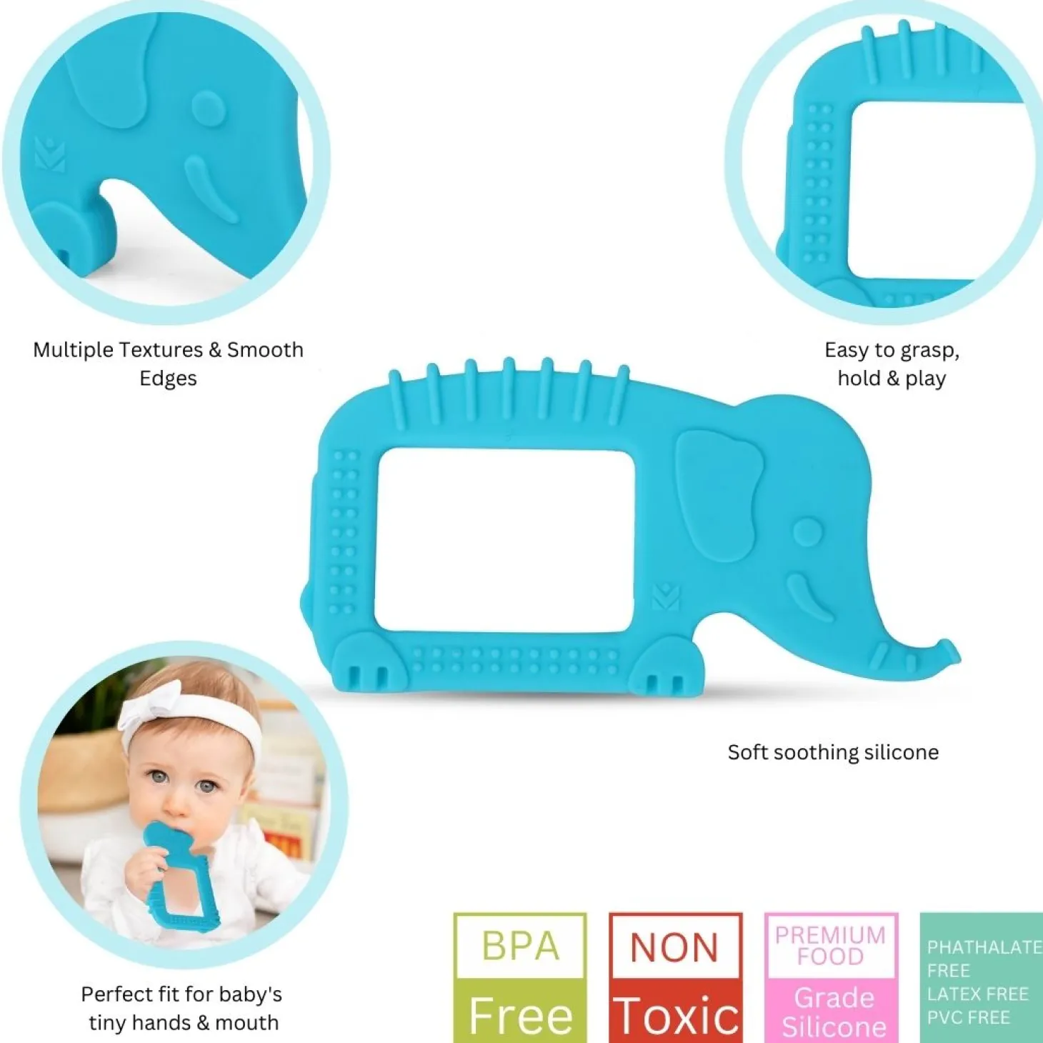 Baby Moo Elephant Soothing Silicon Teether BPA And Toxin Free - Blue